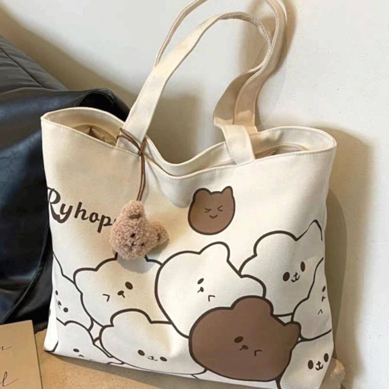 Fashionable Cartoon Printed Cute Bear with Bear Head Pendant, Single Shoulder Large Capacity Student Bag, Versatile Single Shoulder Bag, Handbag