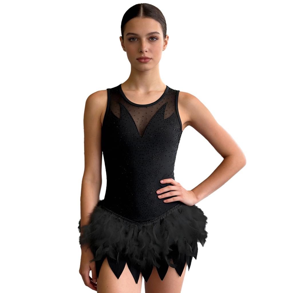 Body da ginnastica femminile con strass, piume soffici, orlo irregolare, senza maniche, con bottoni all'inguine