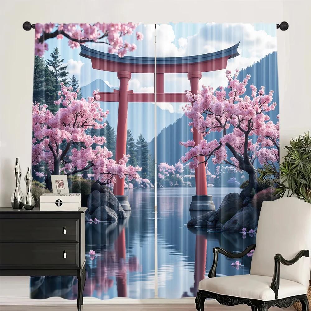 Set Of 2 Jit Cherry Blossom Pastoral Curtain Japanese Scenery Design Polyester Spring Window Decor Home With Light Blocking
