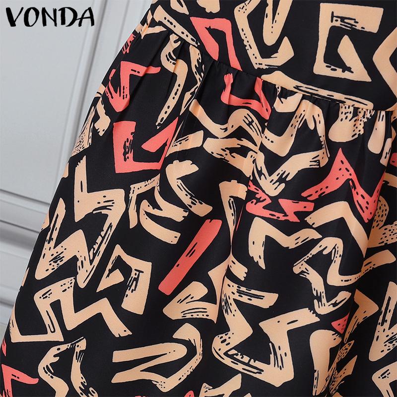 VONDA Summer Women O-Neck Print Back Lace-up Ruffled Hem Long Dresses