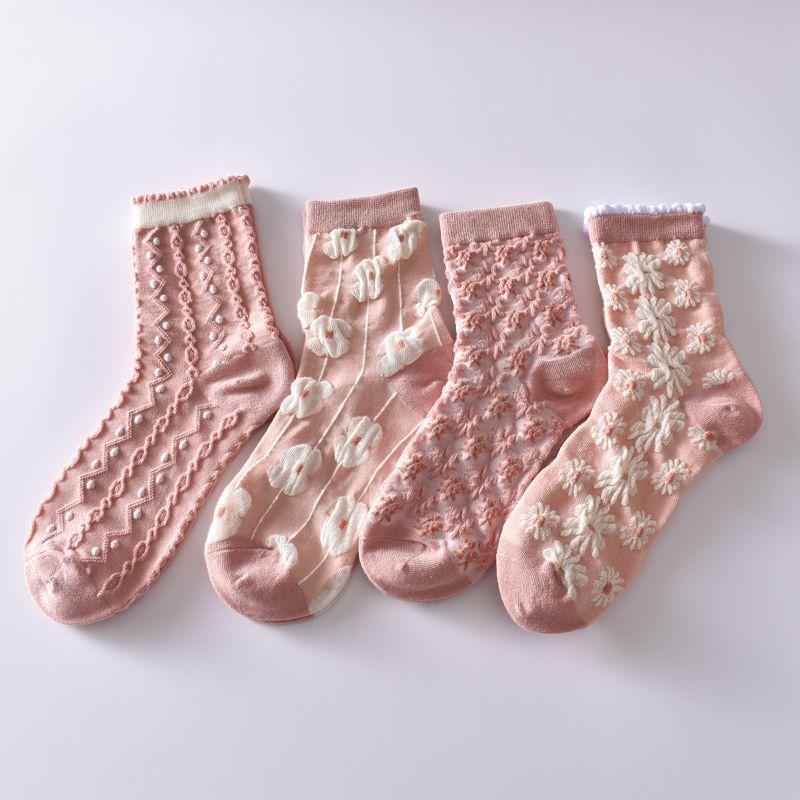5 Stück/weiße florale Mid-Tube-Socken für Damen, trendige japanische Pudernebelfarbe, Student Loli Spring, dünner Abschnitt, JK-Socken, Pink, Neu