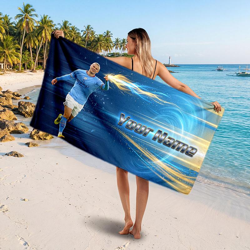 Erling Haaland Custom Beach Towel, Personalized Name Text Print, Football Logo Soft Quick‑Dry Towel Holiday Gift