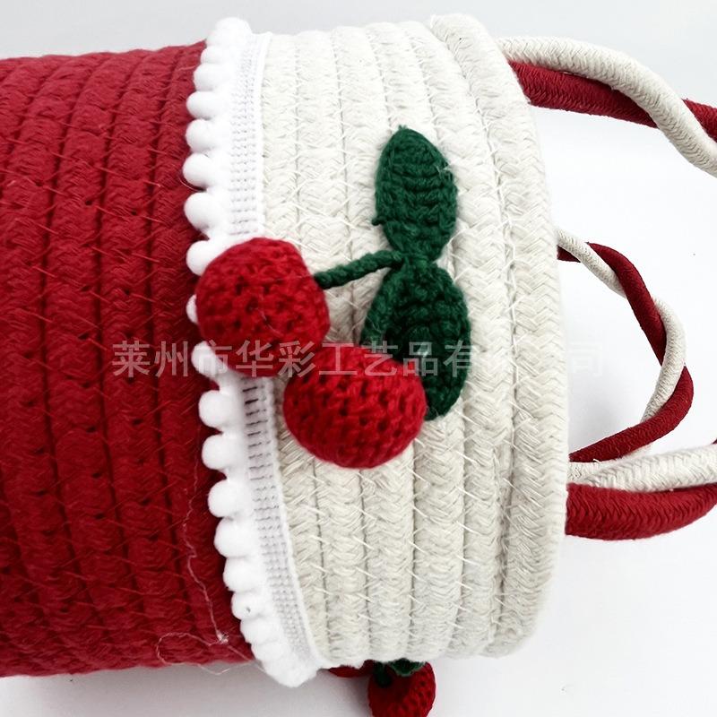 Sales Cotton Thread Women's Bags, Cute Cherry Women's Portable Casual Small Bags, Hand-woven Cotton Rope Storage Bags