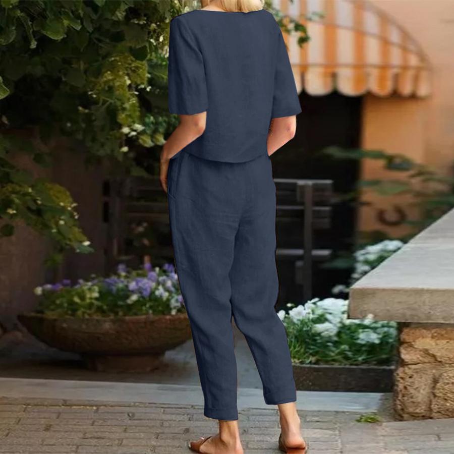 Women's Cotton Linen Summer Outfit Set - Half Sleeve Crew Neck Oversized Shirt Wide Leg Pants Retro Set