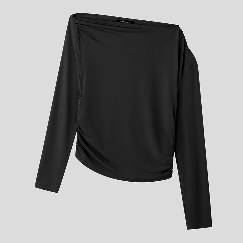 

INCERUN Мужские одно плечо с длинным рукавом нестандартные топы приталенные оборчатые майки 4XL чёрный