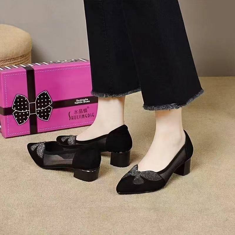 Pointed one-pedal mesh hollow shallow mouth single shoes soft leather rhinestone high heels 2025 autumn breathable soft-soled ladyshoes women