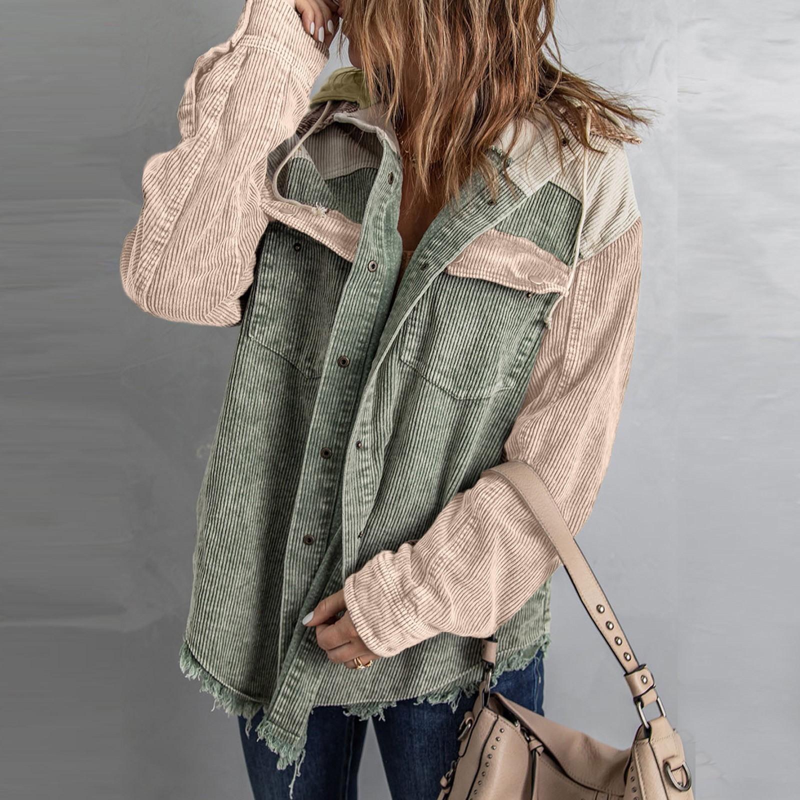 

Women s Corduroy Shawl Jacket Long Sleeve Buckle Color Matching Hooded Jacket With Pocket S зелёный