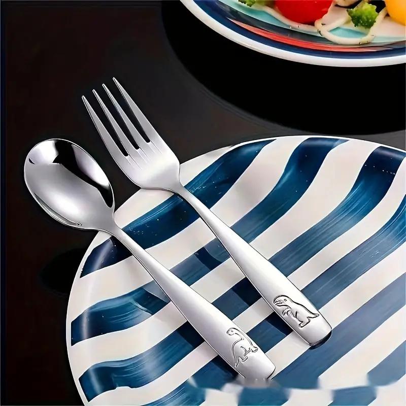 4PCS Stainless Steel Flatware Set For Kids, Include 2 Spoons And 2 Forks, Toddler Cutlery Set, Cute Children Flatware, For Home