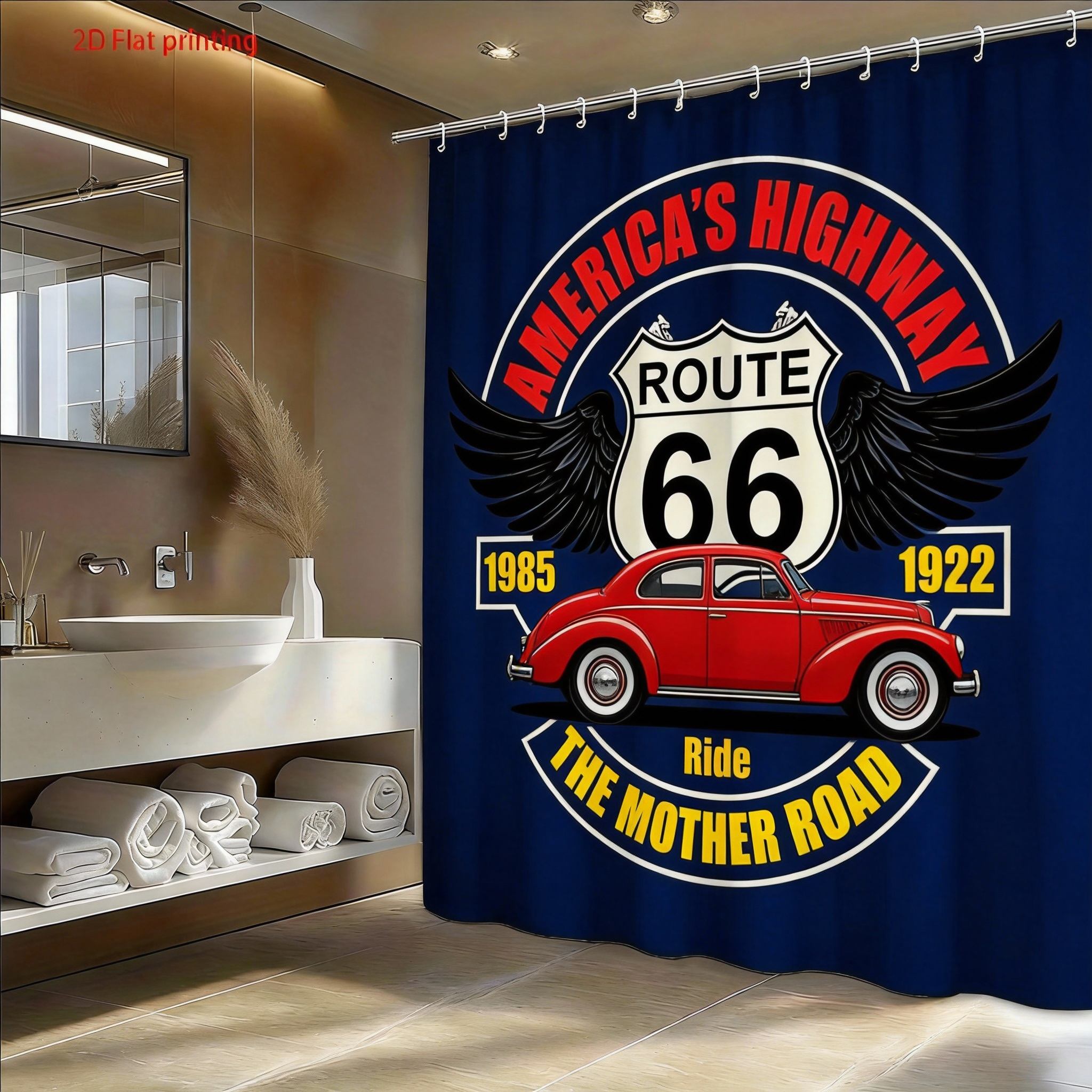 

Шторка для душа с мотоциклом Route 66 Ретро-дизайн американского шоссе с хромированным мотоциклом и крыльями Шторка для душа с крючком 90X180cm(35x70in)