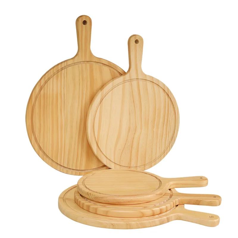 HeMu Wooden Cutting Board Pine Wood Pizza Board with Handle Round Portable Wooden Dinner Plate Kitchen Fruit Steak Tray