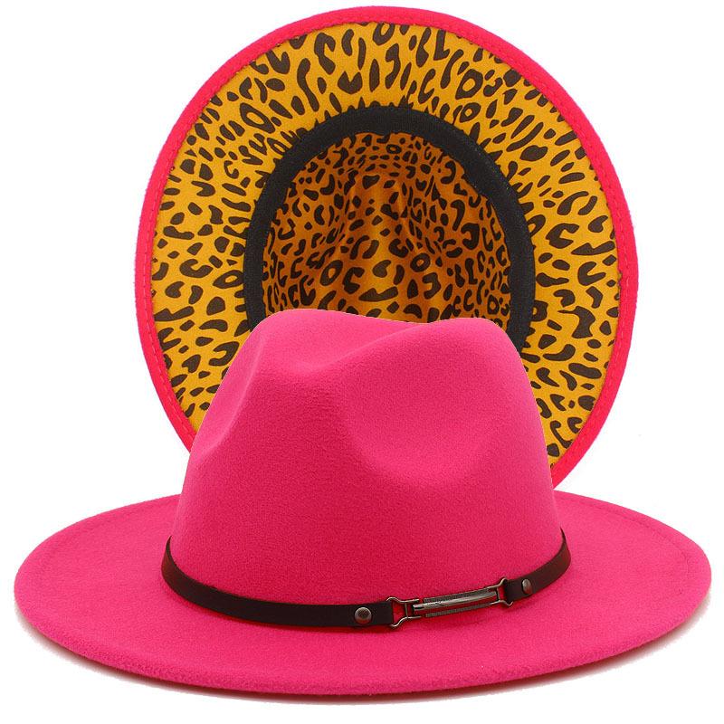 Fashion leopard print belt flat brim top hat autumn and winter British men and women double-sided color matching ethnic style jazz hat Wish