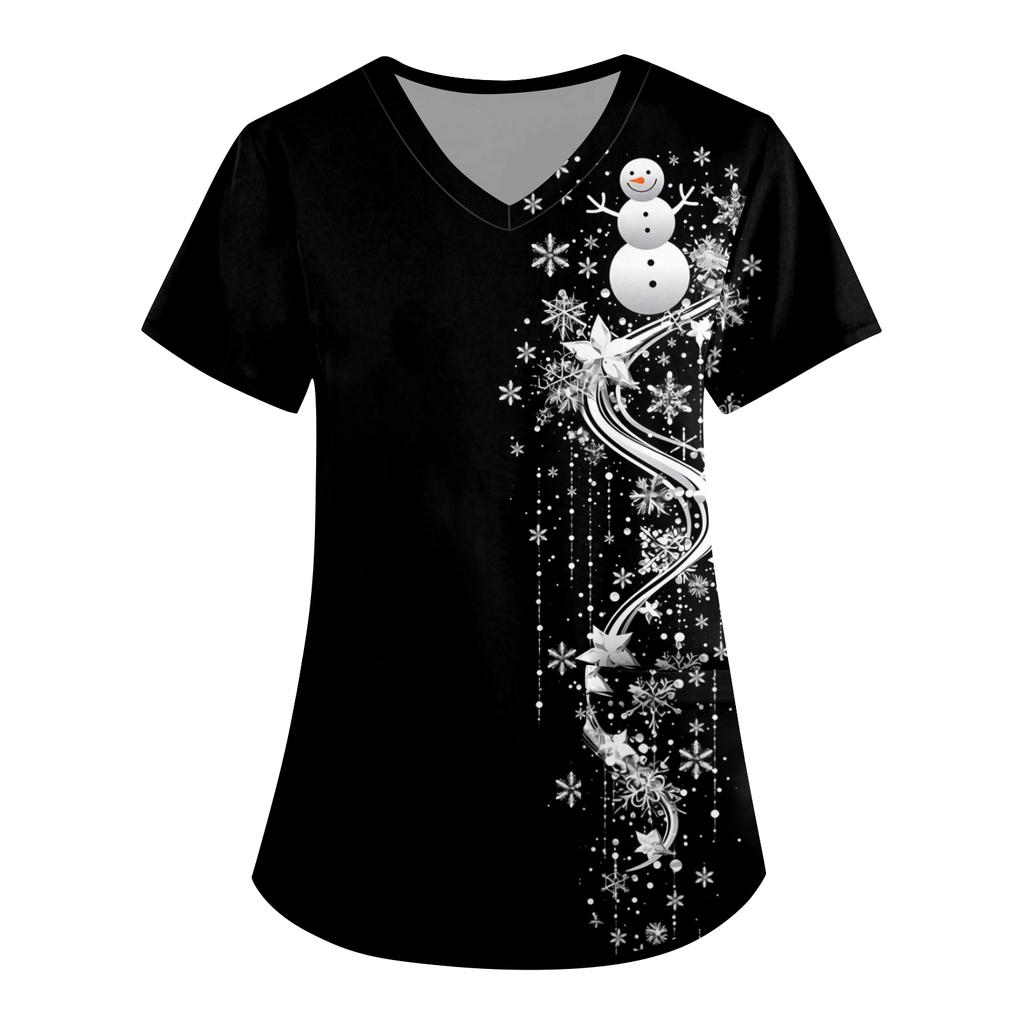 Women's Printing Uniform Work Uniform V-neck Pockets Basic Short Sleeve Pullover Top