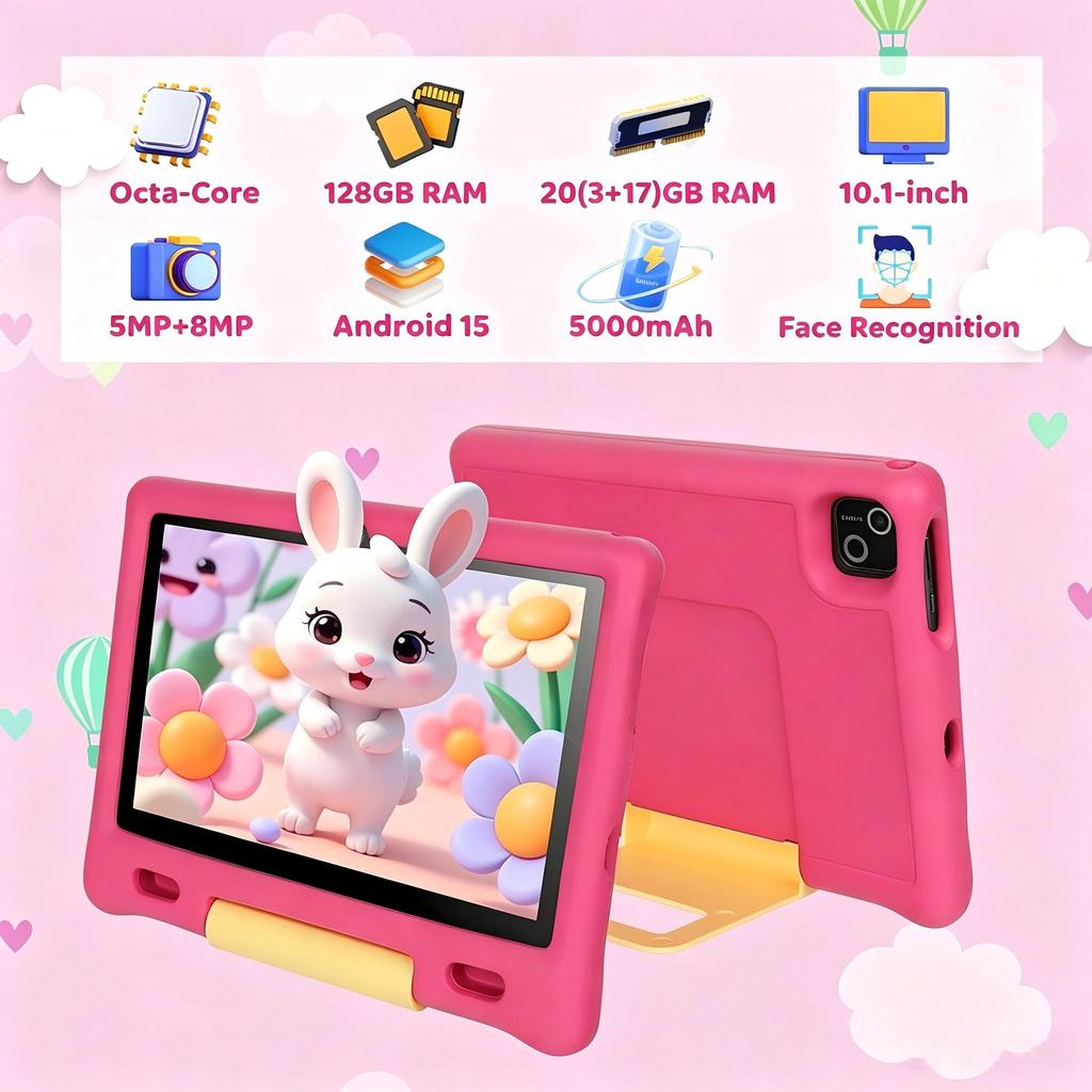 Android 15 Kids Tablet, 10.1 Inch, HD 1280×800 Display, 20GB RAM+128GB ROM, 5MP+8MP Camera
