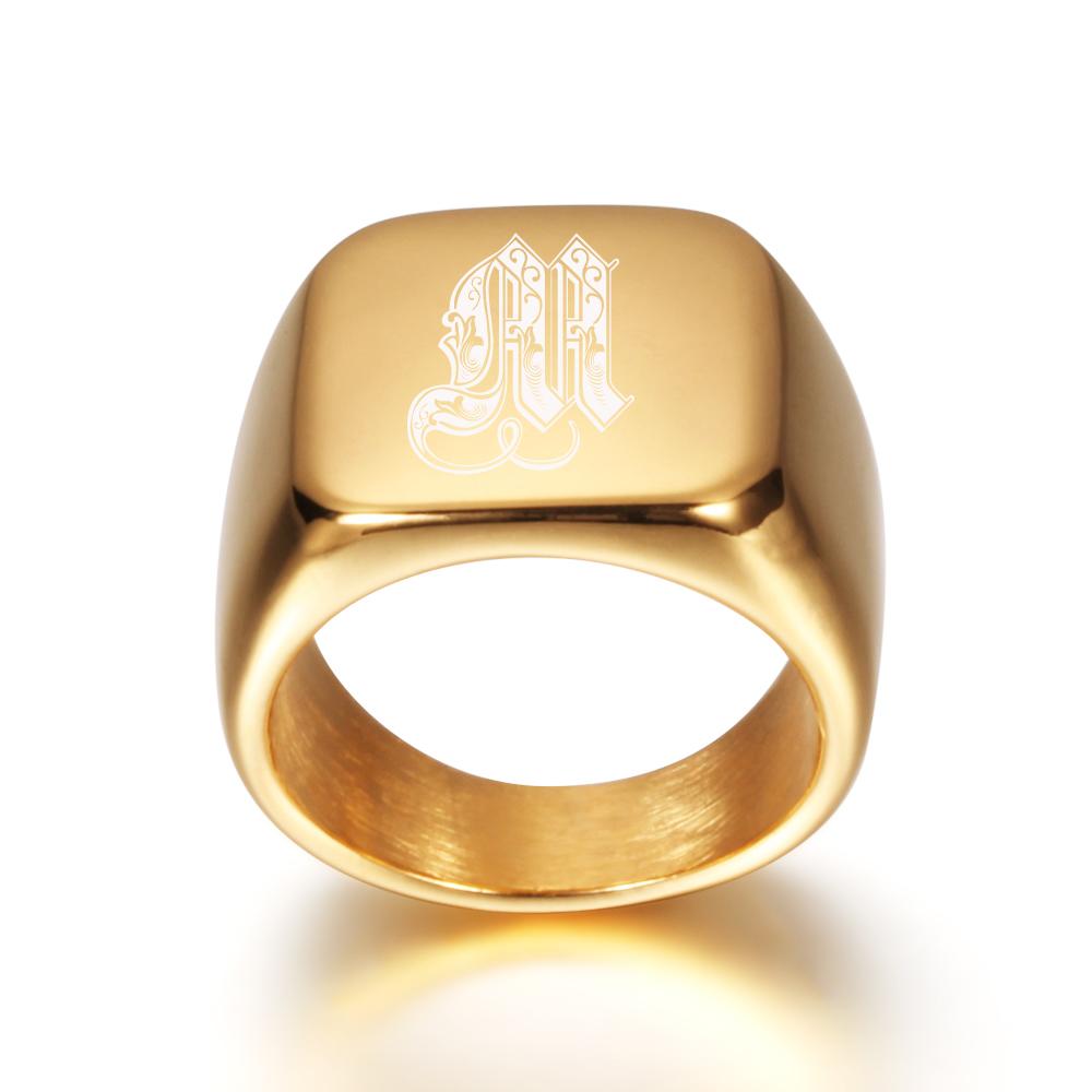 Gold Tone Mens Big Letter Rings Customized Stainless Steel Initial Jewelry Finger Ring Personalized for Male Gift Accessories