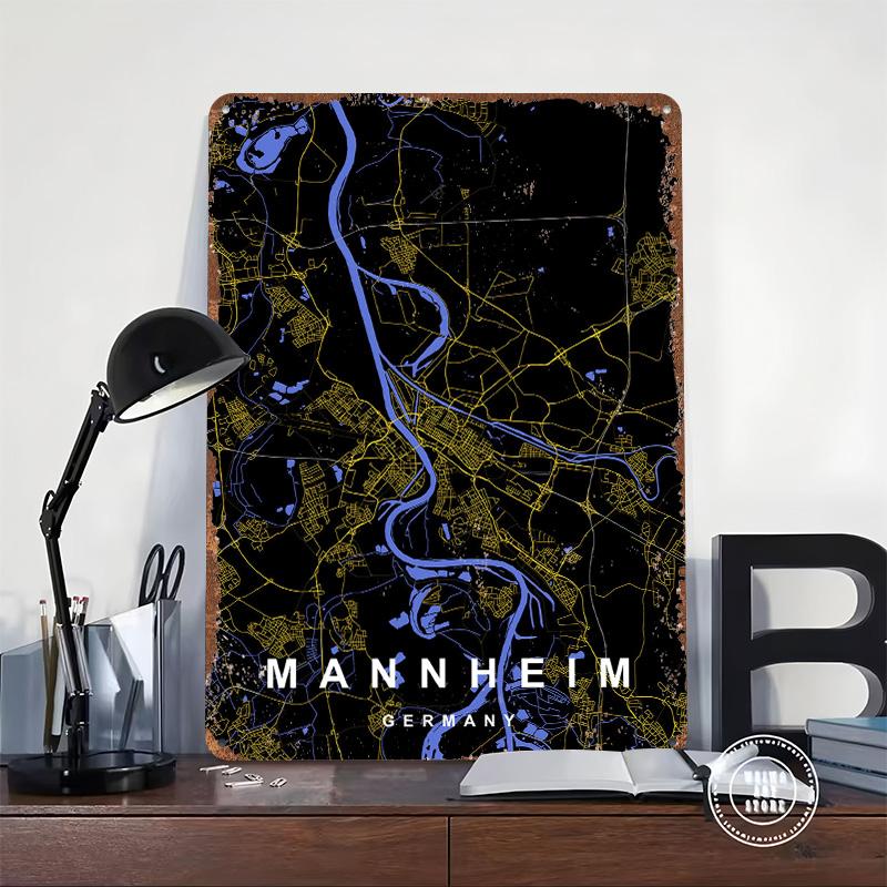 Mannheim City Map Poster Customized Wall Art Vintage Metal Signs Retro Tin Plaque for Man Cave Office Decoration Room Wand Deko