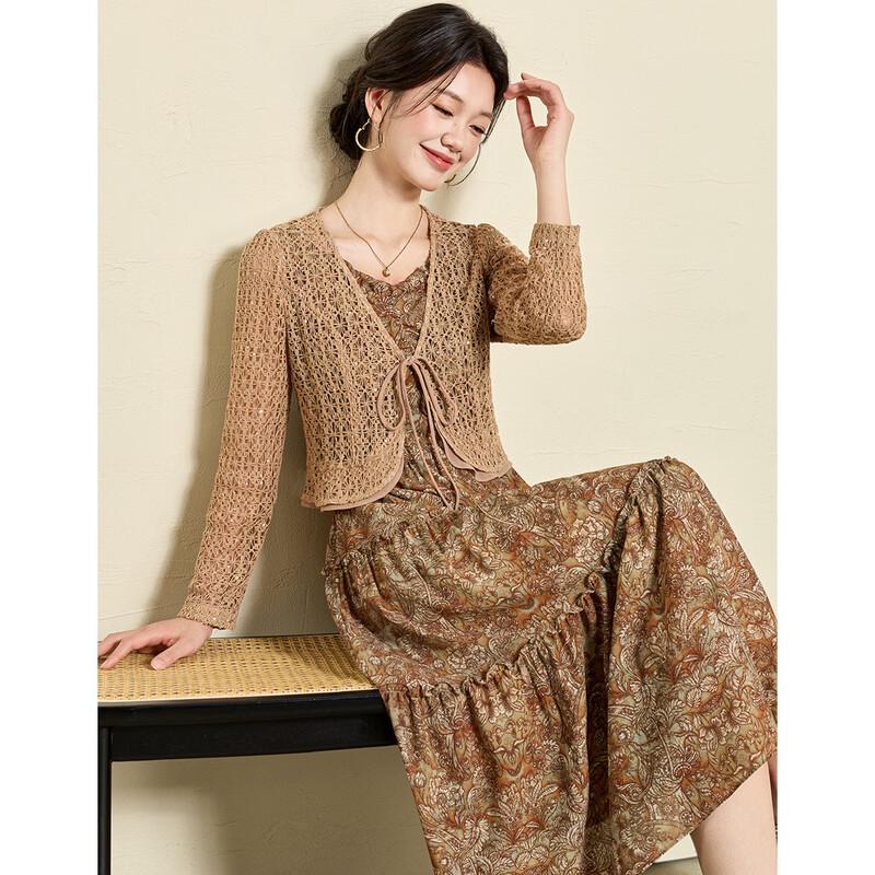 

French Style Hollow-out Floral Layered Two-piece Dress Set M