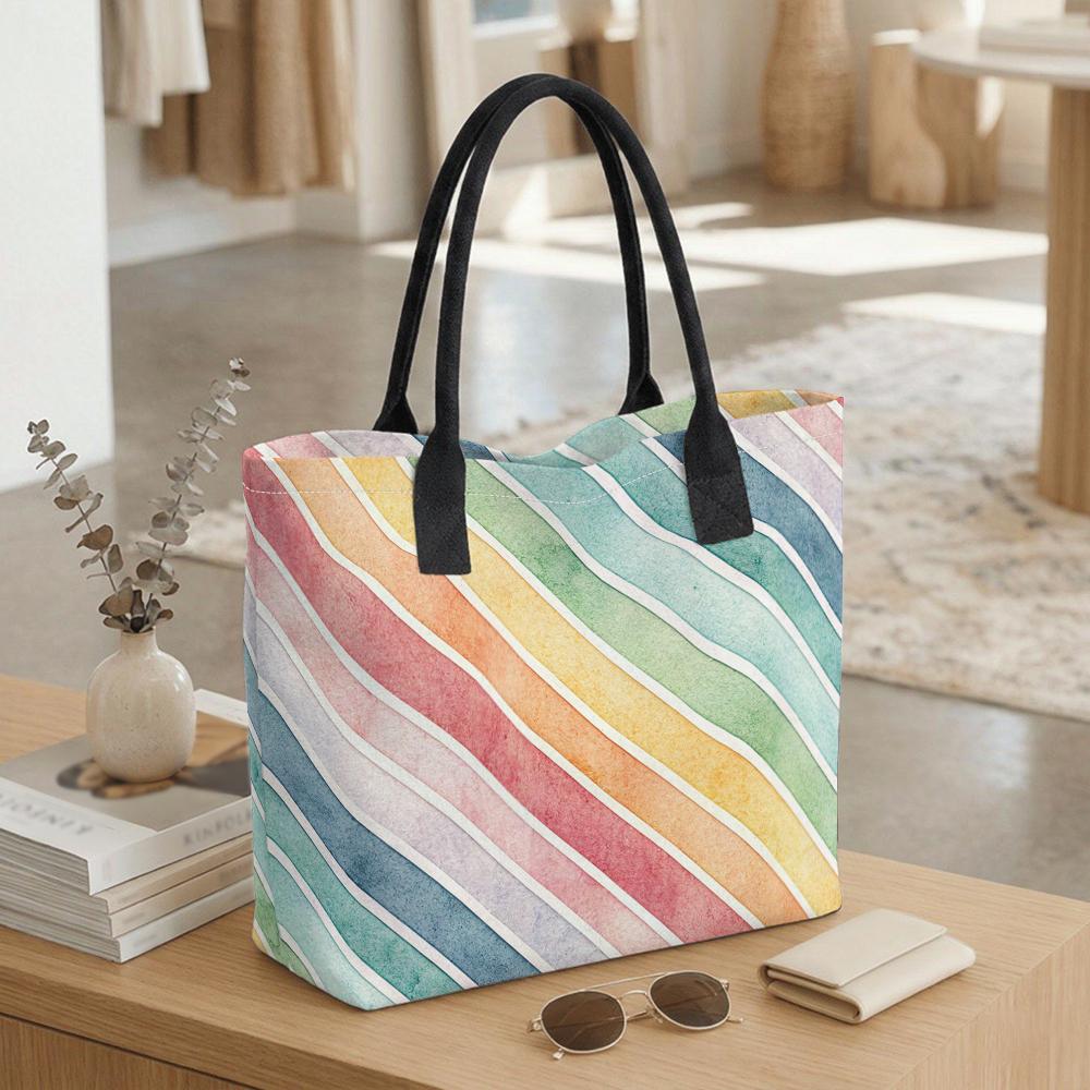 Watercolor Rainbow Striped Canvas Tote Bag Large Capacity Fashion Casual Portable Shoulder Handbag for Daily Use