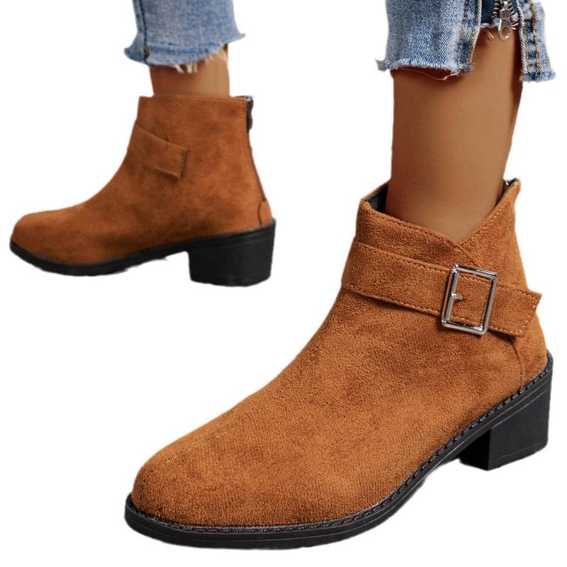 Large Size Thick Heel Martin Boots Women's Autumn and Winter New Decorative Buckle Strap Trendy Suede Thin Short Boots