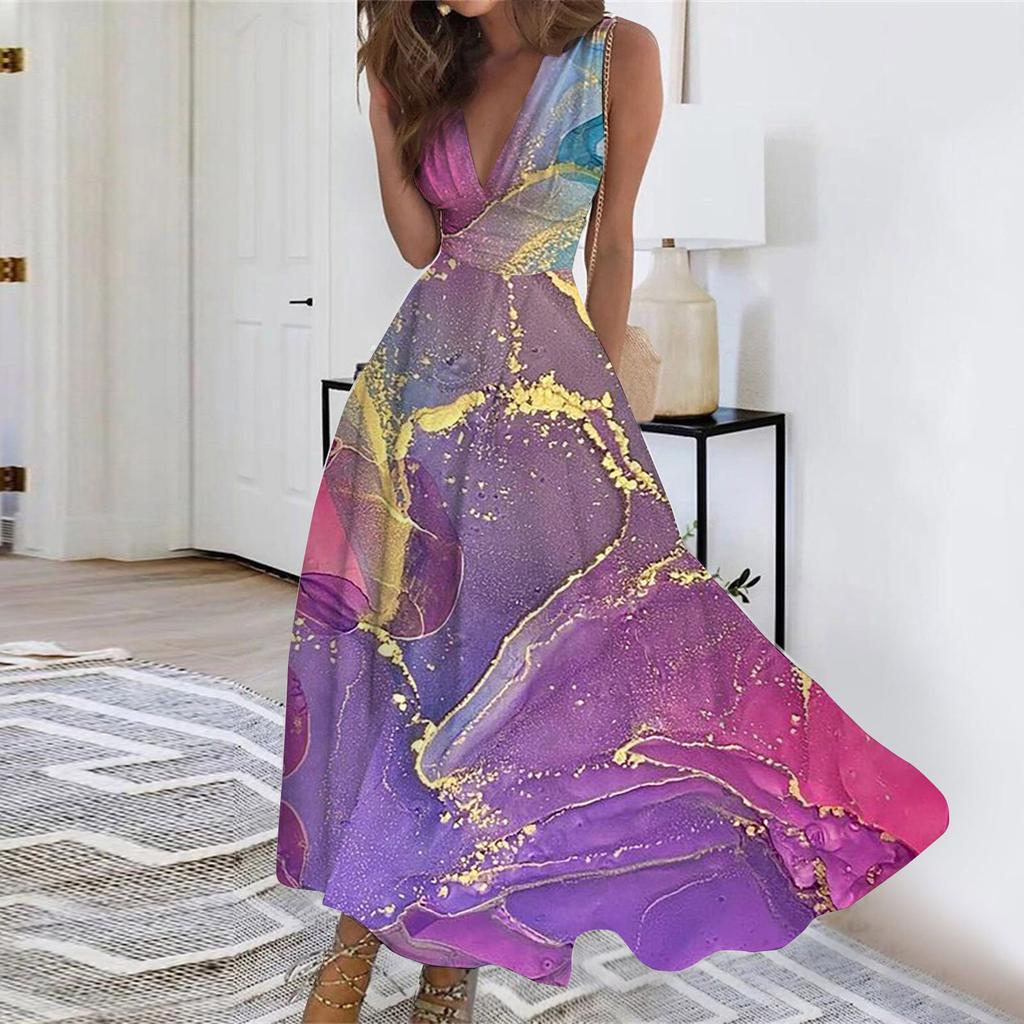 Langes Kleid für Damen, Maxikleid, Freizeitkleid, Swing-Kleid, A-Linien-Kleid, Blumenmuster, Mode, Streetwear, Outdoor, Alltag, Datumsdruck, ärmelloses Kleid mit V-Ausschnitt