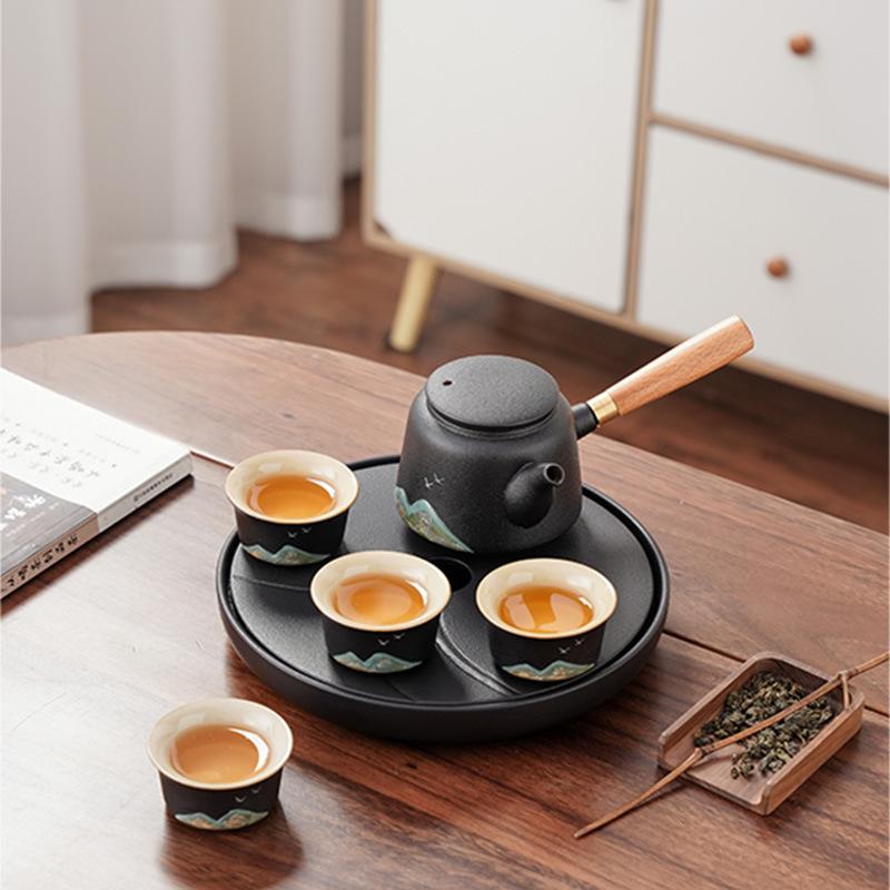 Black Pottery Travel Kung Fu Tea Set Portable Household Outdoor Ceramic Tea Pot Drinking Tea Cup Dry Brewing Plate Small Set