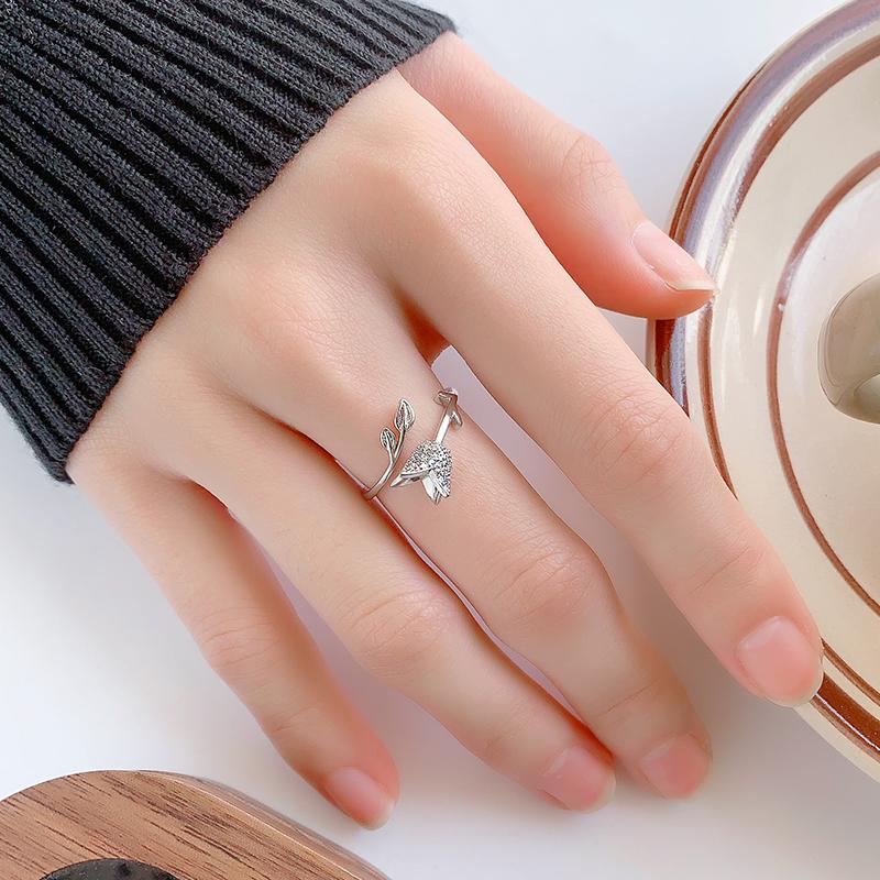 New Fashion Simple Diamond Inlaid Rose 925 Sterling Silver Jewelry Personalized Flower Opening Rings  JZ009