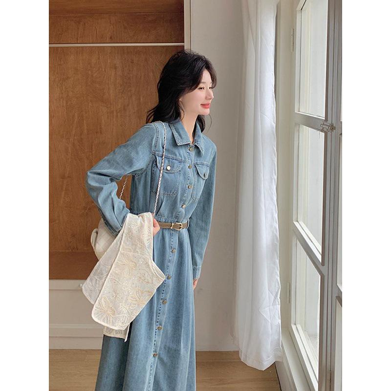 Blue Hong Kong Style Retro Denim Dress - Women's Autumn 2025 Waist-Cinching Shirt Dress, Age-Reducing & Fashionable
