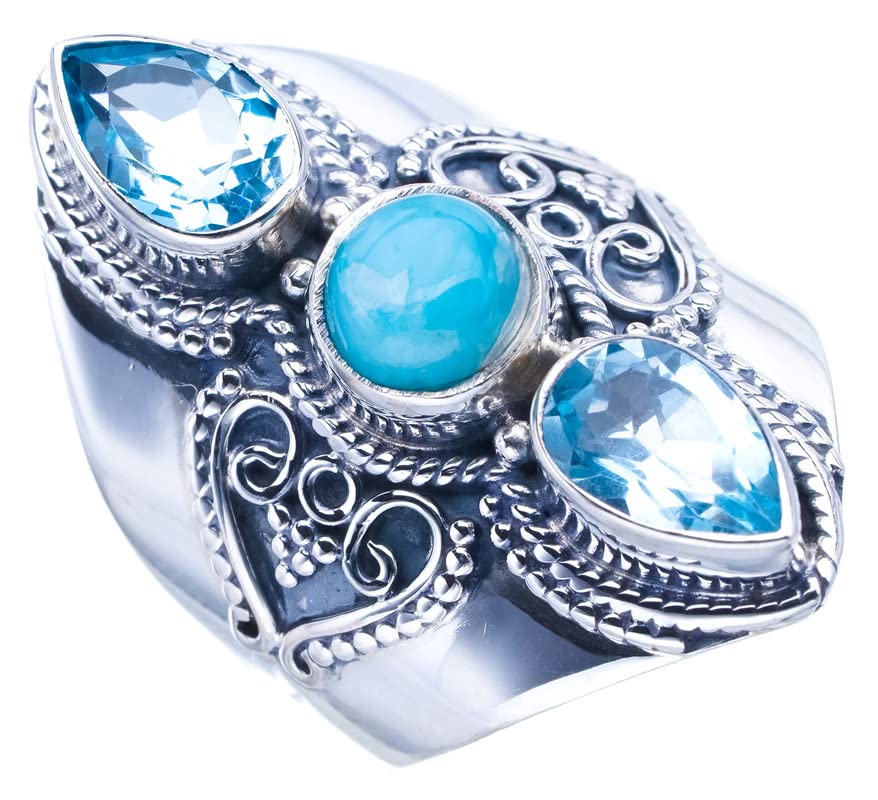 

StarGems® Natural Larimar Blue Topaz Handmade 925 Sterling Silver Ring 6.75 F0883