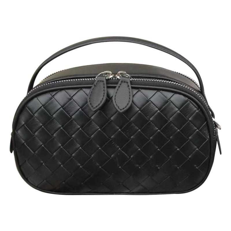 2025 Summer New Genuine Leather Handheld Small Square Bag Fashion Woven Double Zipper Single Shoulder Crossbody Small Bag Casual Women's Bag