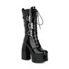 14.5cm Punk Motorcycle Boots Autumn /winter Thick Heel Ultra-high Heel Thick Bottom Strap Middle Boots Patent Leather Booties