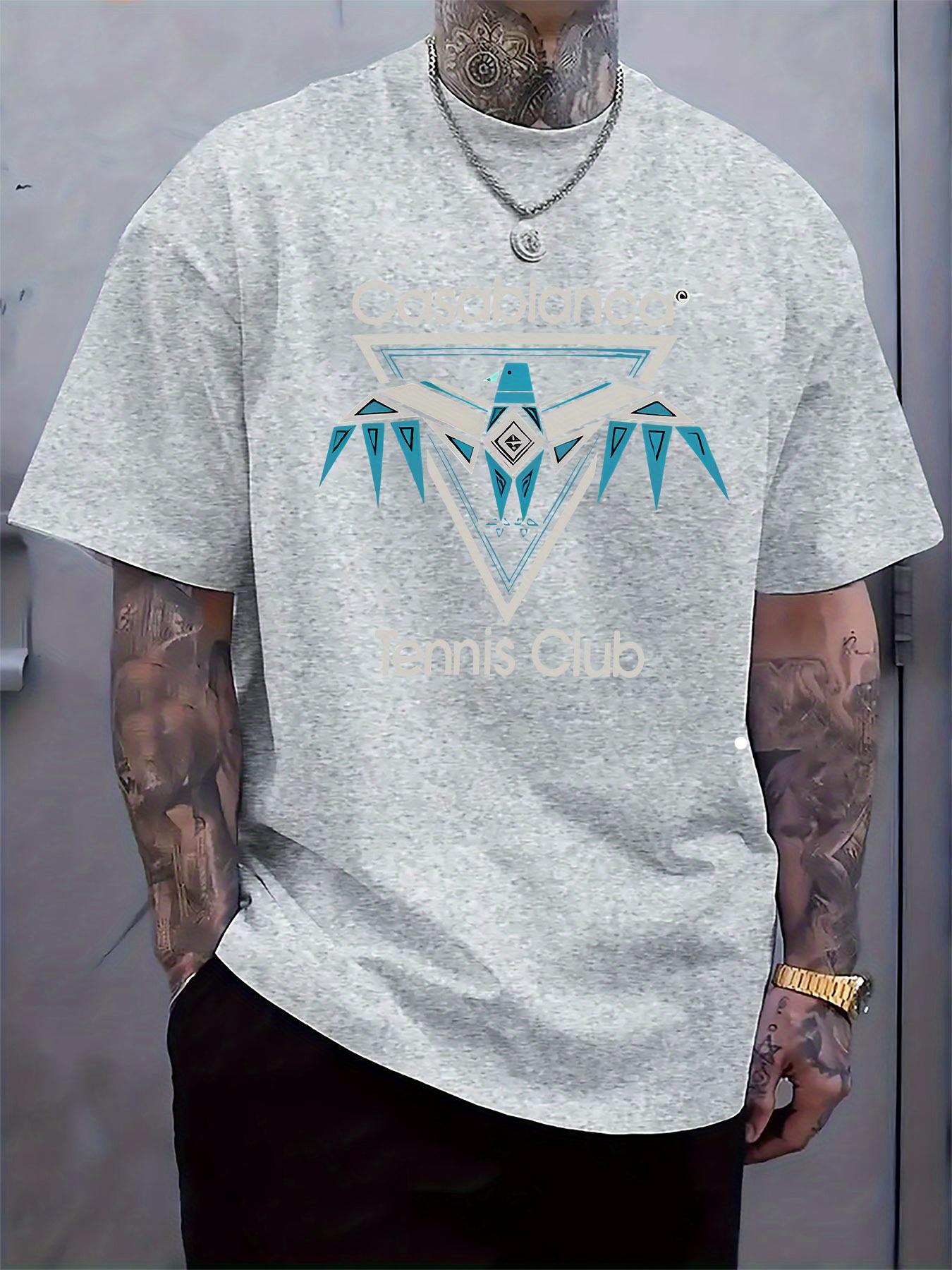 

Tennis Club Graphic Print Short Sleeve T-shirt - Light Grey with Blue & White Design XXXL