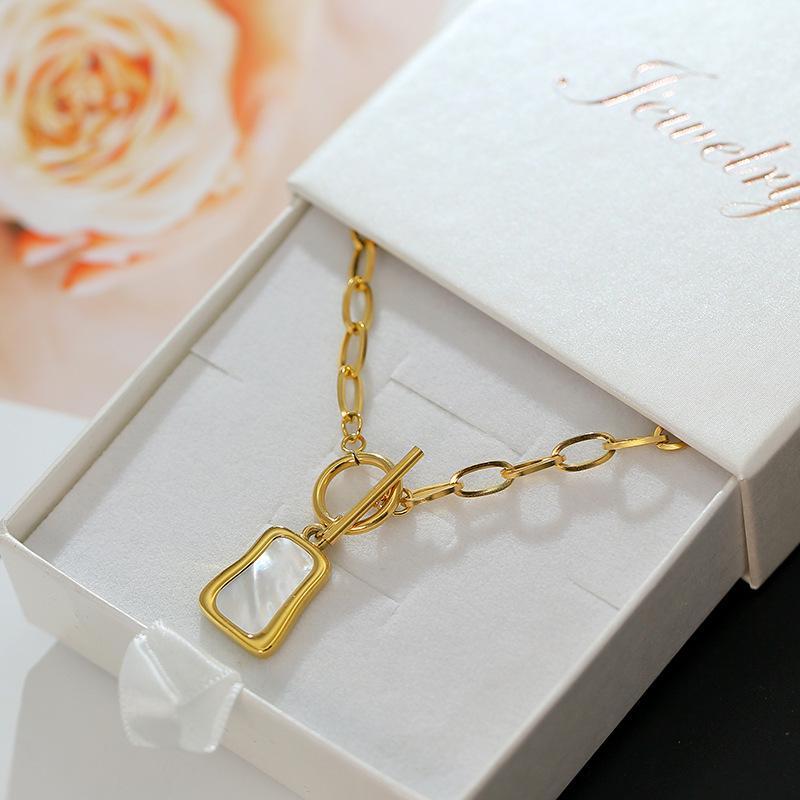 18K Gold Titanium White Shell Square Pendant Necklace for Women - Light Luxury Clavicle Chain