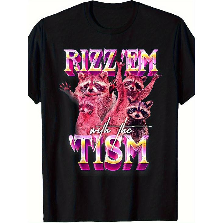Funny Autism Awareness Raccoon Meme T-Shirt - Rizz Em with The Tism Graphic Tee, 100% Loose Fit Short Sleeve Shirt with Raccoon & Puzzle Piece S чёрный