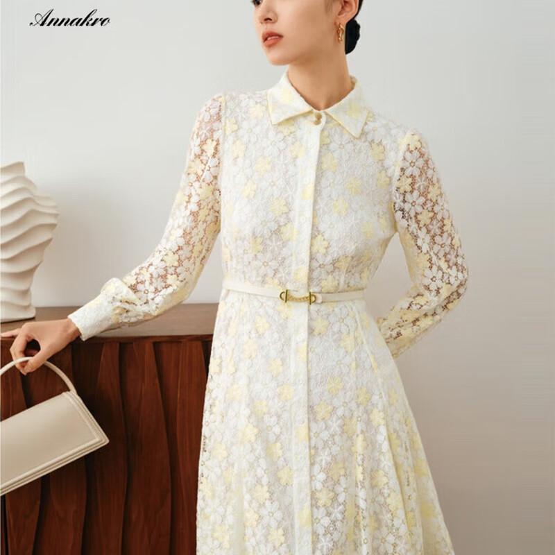 

JZ Annacoco French Retro Two-tone Floral Lace Shirt Dress M