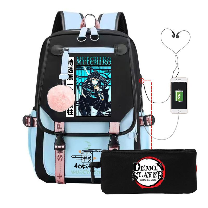 Two-dimensional peripheral day man ghost extinguishing backpack pencil bag large capacity student leisure schoolbag with USB port