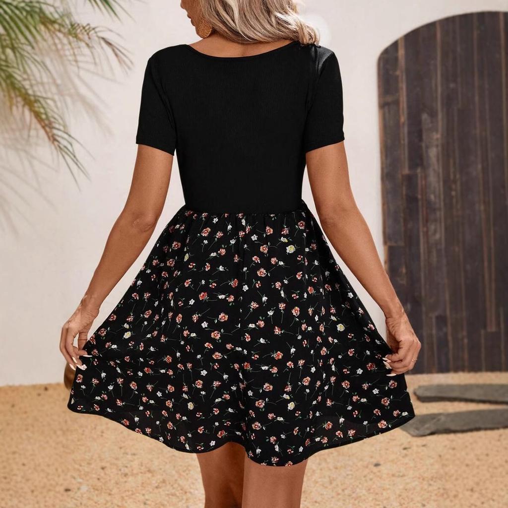 Women Summer Casua Short Sleeve O Neck Splice Flower Printed Black One Piece Dress