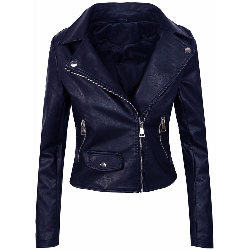 

Приталенная мотоциклетная кожаная куртка для похудения, одежда большого размера для женщин Navy blue M