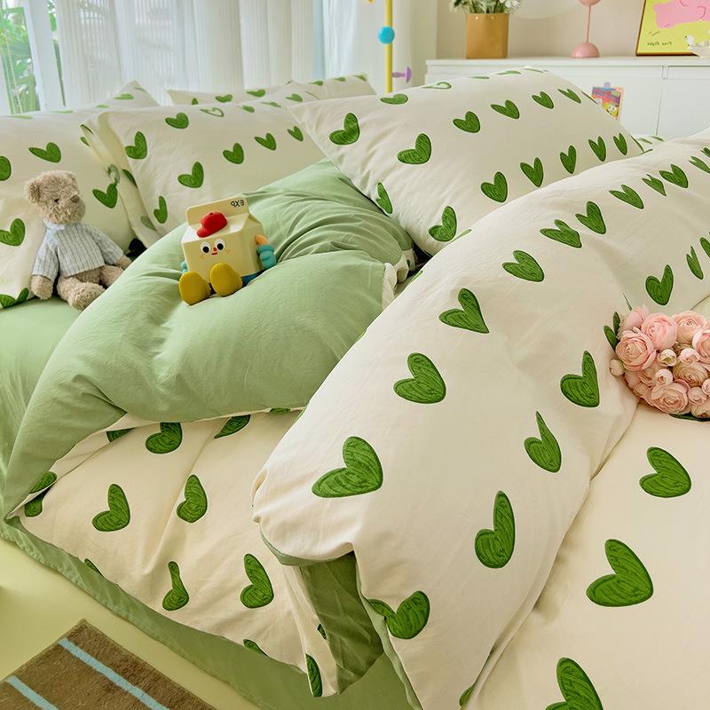 Small Fresh Mattress Quilt Cover Class A Maternal And Infant Grade Cartoon Dormitory Bed Sheet Three-Piece Set Super Soft Washed Cotton 4Pcs Set