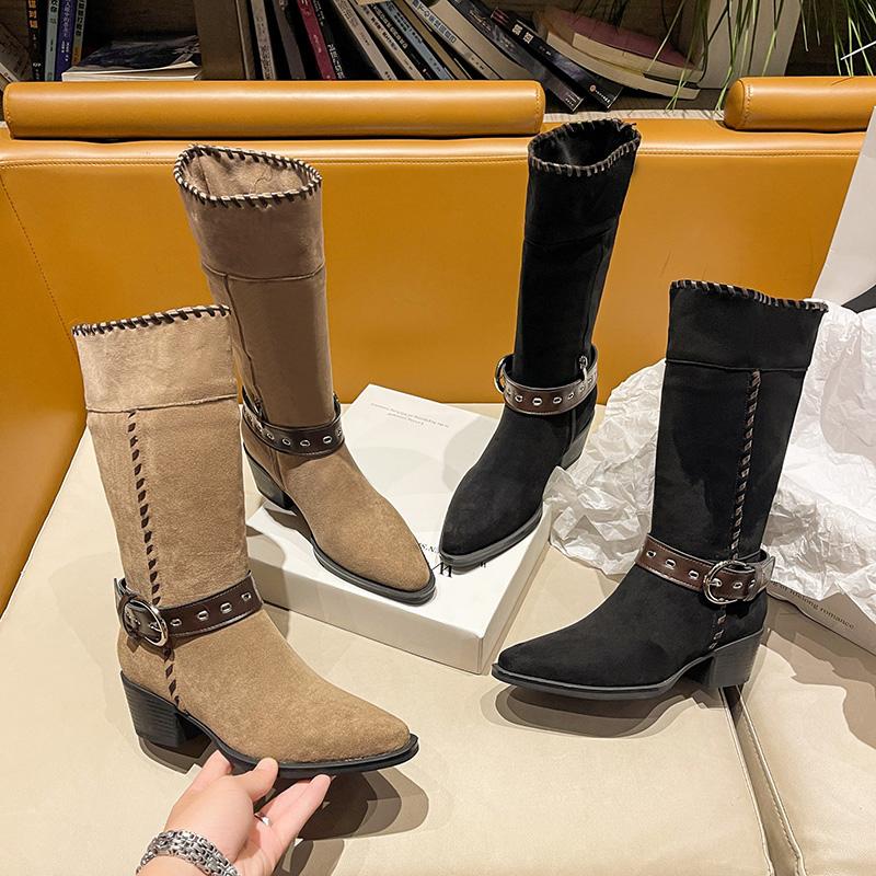 Fashion 2025 Fall/Winter New Retro Block Heel Pointed Toe Mid-Tube Boots Fashion Boots