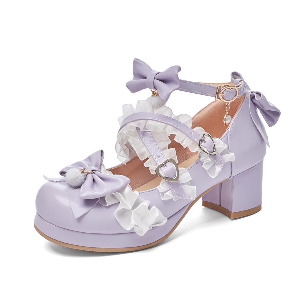 Fashion Cross Strap Women High Heels Mary Jane Pumps Party Wedding White Pink Purple Beige Strawberry Bow Princess Cosplay Lolita Shoes
