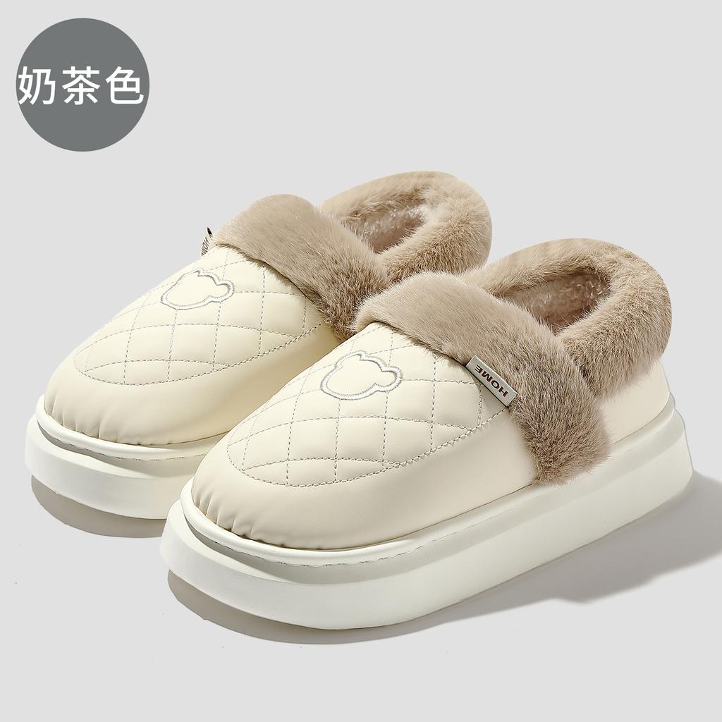PU Waterproof Cotton Slippers Winter Bag Heel 2025 New Home Indoor Thick-soled Velvet Thermal Cotton Shoes