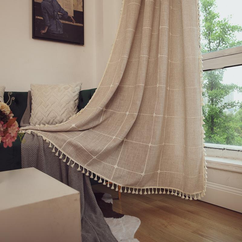 Grey Curtain Finished Product Embroidery Cotton And Linen Solid Color Plaid Coffee Insulation Living Room Kitchen Set Rod Partition Curtain