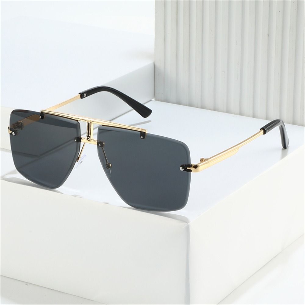 Oversized Double Bridge Frameless Sunglasses Retro Square Frame Men's Shades Outdoor Gradient Lens UV Protection Sun Glasses