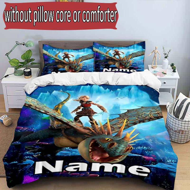 3pcs Duvet Cover Set (1*Duvet Cover + 2*Pillowcase, Without Core), Custom Name How to Train Your Dragon Pattern Bedding Set, Home Bedroom Decor Gift