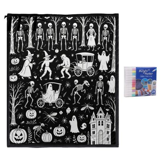 Cozy Warm Throw for Sofa Halloween DIY Coloring Blanket with 24 Markers, Washable Blanket, Color Art Therapy Relaxation Your Own Spooky Pattern