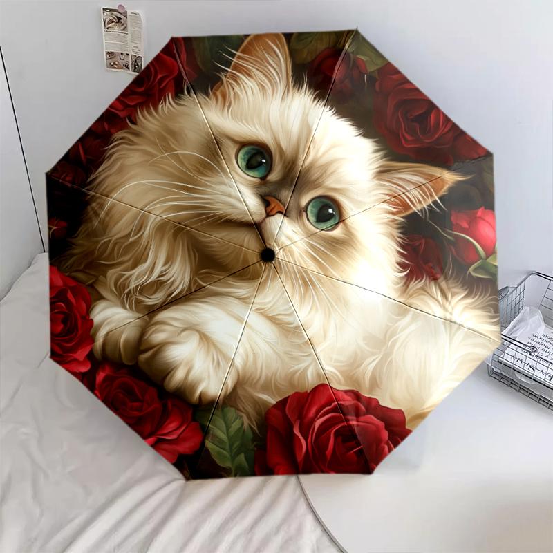 Rose and Persian Cat Pattern, Automatic Folding Umbrella, Portable and Foldable Design, 8 Ribs, a Christmas or Birthday Gift.