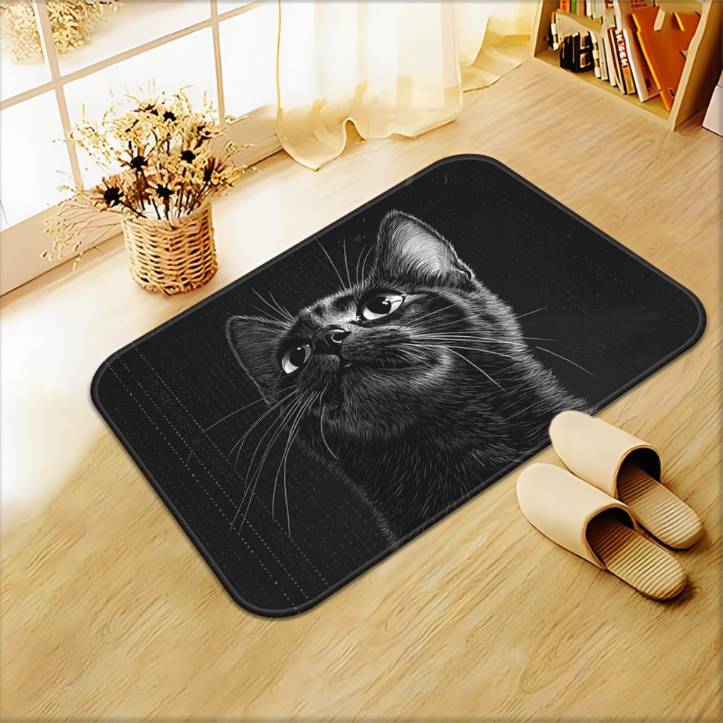 1pc Black Cat HD Printed Non-Slip Door Mat – Microfiber Absorbent, Machine Washable Polyester Rug for Bathroom, Bedroom, Living