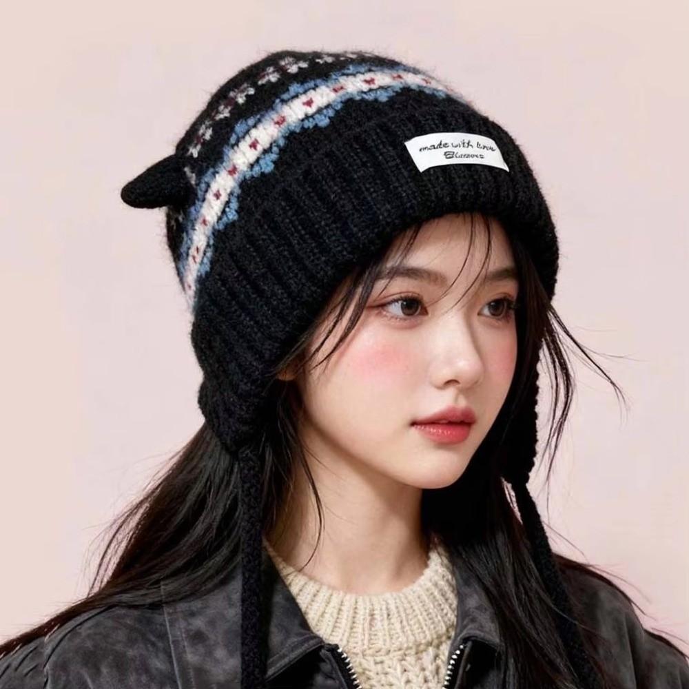 Thickened Winter Beanie With Earmuffs Fair Isle Unisex Warm Hat Cat Ear Knitted Hat Leisure Travel