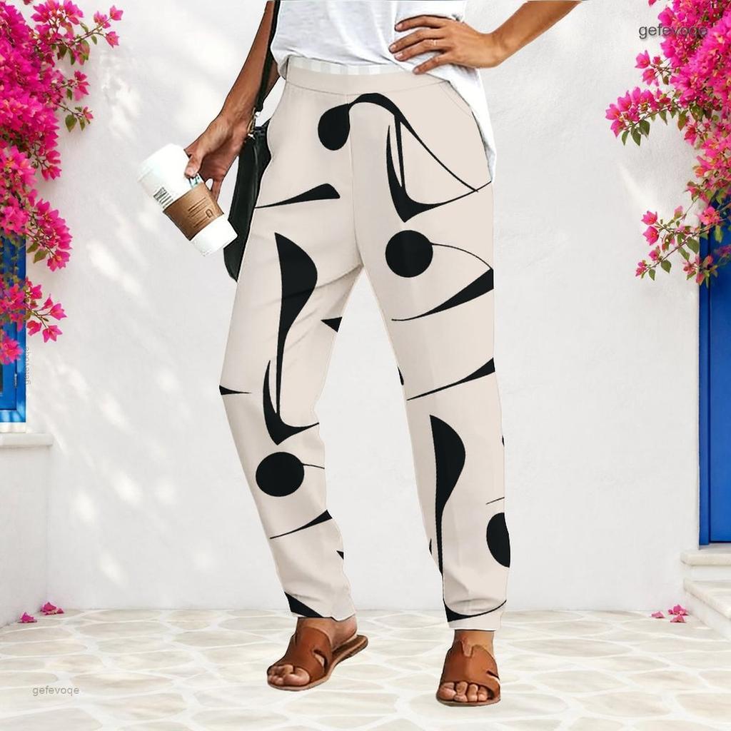 Women Plus Size Loose Straight Long Pants Blue White Printed With Pockets