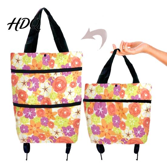 Outdoor Picnic Utility Tote Foldable Shopping Bag with Wheels Heavy-Duty Waterproof Oxford Cloth Grocery Cart Space Saving Organizer Reusable Roller