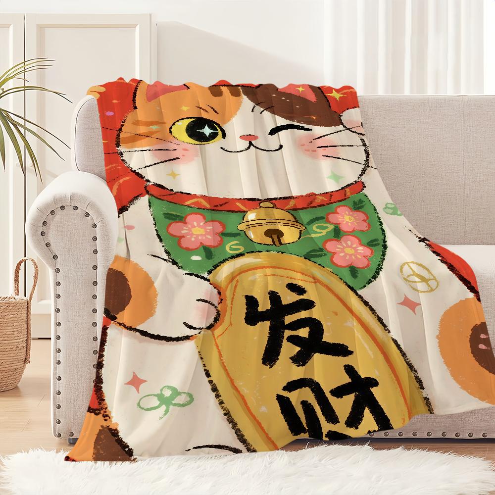 Coperta Illustrazione Gatto della Fortuna Calda Confortevole Morbida in Flanella Peluche per Divano Soggiorno Ufficio Camera da Letto Regalo da Viaggio